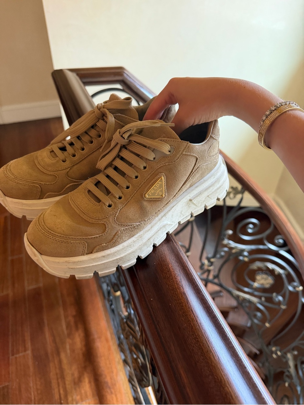 Prada women’s Tan Suede Chunky Sneakers